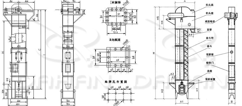 TD/D型斗式提升機(jī)基本結(jié)構(gòu):機(jī)頭蓋，機(jī)頭座，減速電機(jī)，直管，底座，緊張裝置等。