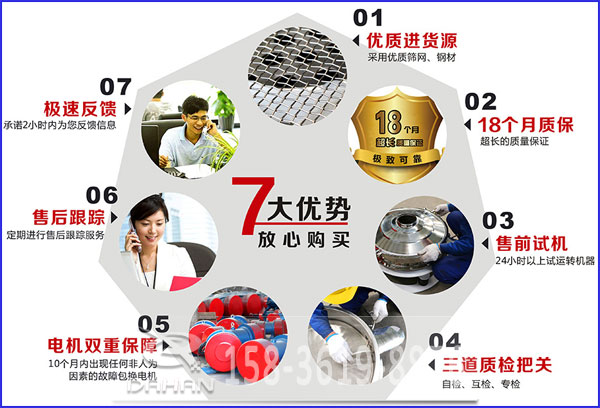 大漢食品振動(dòng)篩的7大優(yōu)勢：優(yōu)質(zhì)進(jìn)貨源，售后跟蹤，售前試機(jī)等。
