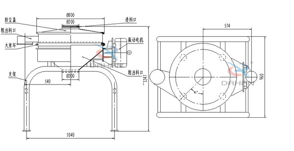 單振源直排篩機構和持續(xù)：防塵蓋（mm）：800進料口（mm）：200結構;防塵蓋，大束環(huán)，支架，振動電機，進料口等。