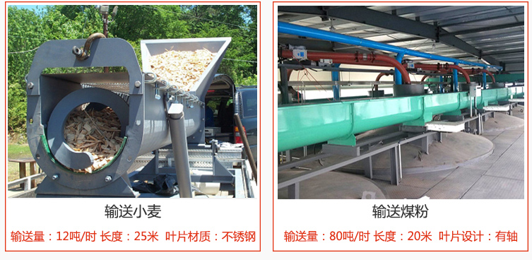 絞龍螺旋輸送機(jī)輸送小麥輸送量在12噸/時(shí)，長(zhǎng)度為25米，葉片采用不銹鋼材質(zhì)；輸送水泥輸送量在80噸/時(shí)，長(zhǎng)度為20米，葉片設(shè)計(jì)為有軸。