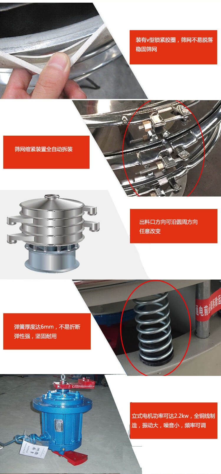 裝有V型鎖緊膠圈，使篩網(wǎng)不易脫落穩(wěn)固篩網(wǎng)，篩網(wǎng)鎖緊裝置，全自動(dòng)拆裝，出料口方向可沿圓周方向任意改變。彈簧厚度達(dá)6mm，不易折斷，彈性強(qiáng)，堅(jiān)固耐用。專業(yè)的振動(dòng)電機(jī)，全銅線制造，振動(dòng)大，機(jī)械噪音小，頻率可調(diào)。產(chǎn)品對(duì)比:材質(zhì)：大漢振動(dòng)篩廠家采用304不銹鋼材質(zhì)耐腐蝕性，耐熱性強(qiáng)。個(gè)別廠家采用其它金屬材質(zhì)，耐腐蝕性，耐熱性差蒸發(fā)緩慢，烘干效率較低。大漢振動(dòng)篩廠家采用金屬編織網(wǎng)，篩分精度高，效率高，篩網(wǎng)利用率高。