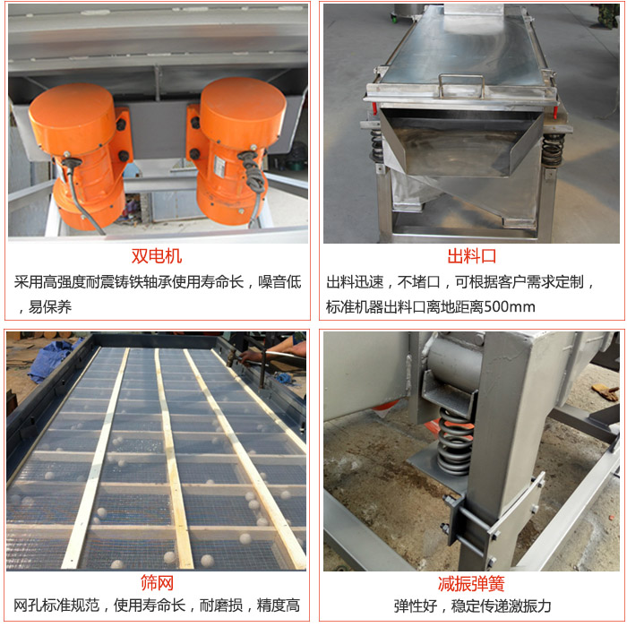 線振動篩配件優(yōu)勢：雙電機采用高強度耐震鑄鐵軸承使用壽命長，噪音低，易保養(yǎng)，出料口：出料迅速，不堵口，可根據(jù)客戶需求定制標準機器出料口離地距離500mm。篩網(wǎng)：網(wǎng)孔標準規(guī)范，使用壽命長，耐磨損，精度高。減震彈簧彈性好，穩(wěn)定傳遞激振力。
