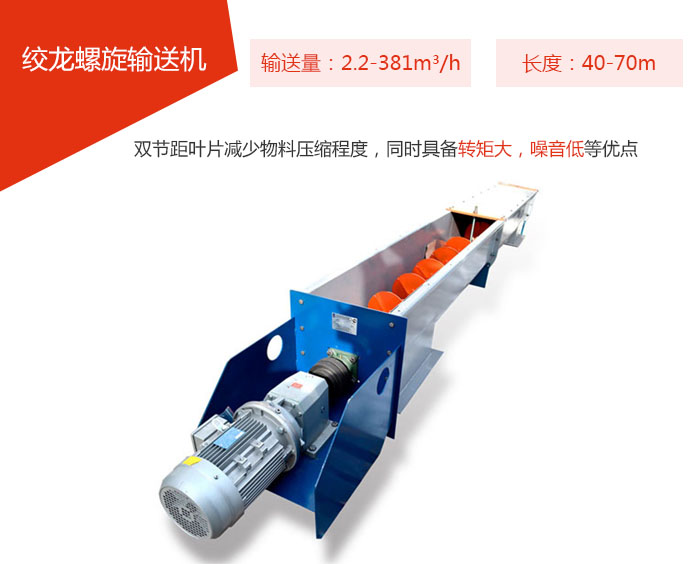 絞龍螺旋輸送機(jī)輸送量：2.2-381m3/h 長(zhǎng)度：40-70m 雙節(jié)距葉片減少物料壓縮程度，同時(shí)具備轉(zhuǎn)矩大，噪音低等優(yōu)點(diǎn)。