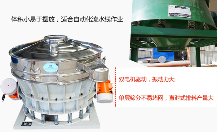 雙電機(jī)驅(qū)動，振動力大，單層篩分不易堵網(wǎng)，直泄式排料產(chǎn)量大