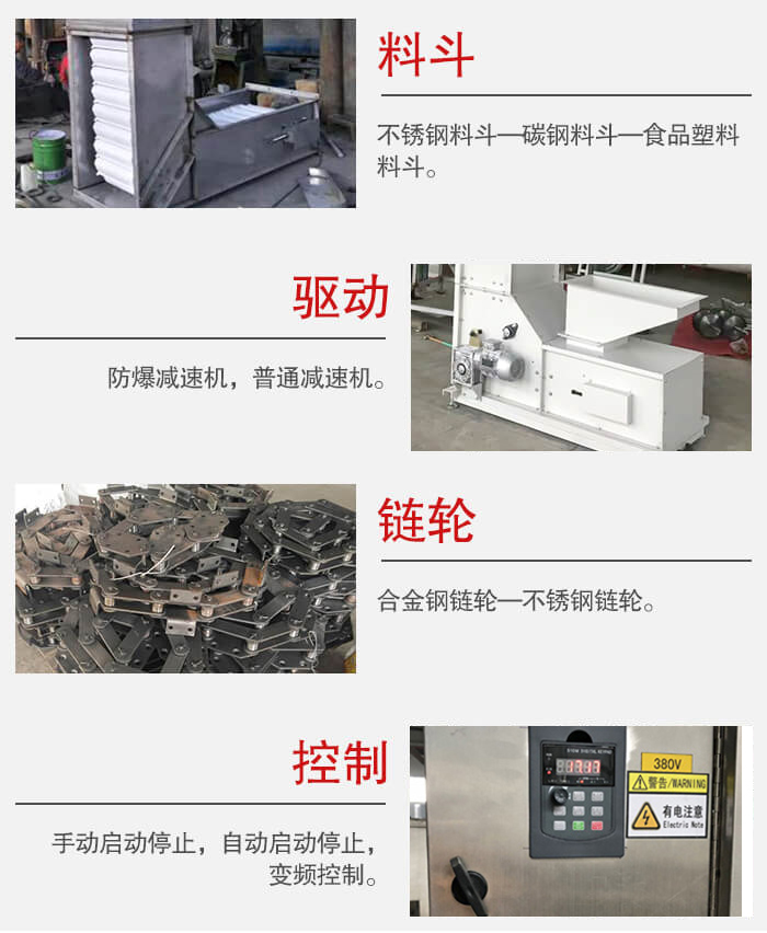 z型斗式提升機(jī)料斗：不銹鋼料斗-碳鋼料斗-食品塑料料斗。驅(qū)動(dòng)裝置采用的式防爆減速機(jī)，普通減速機(jī)兩種。鏈輪采用合金鏈輪-不銹鋼鏈輪控制器：手動(dòng)啟動(dòng)/停止，以及自動(dòng)啟動(dòng)停止。