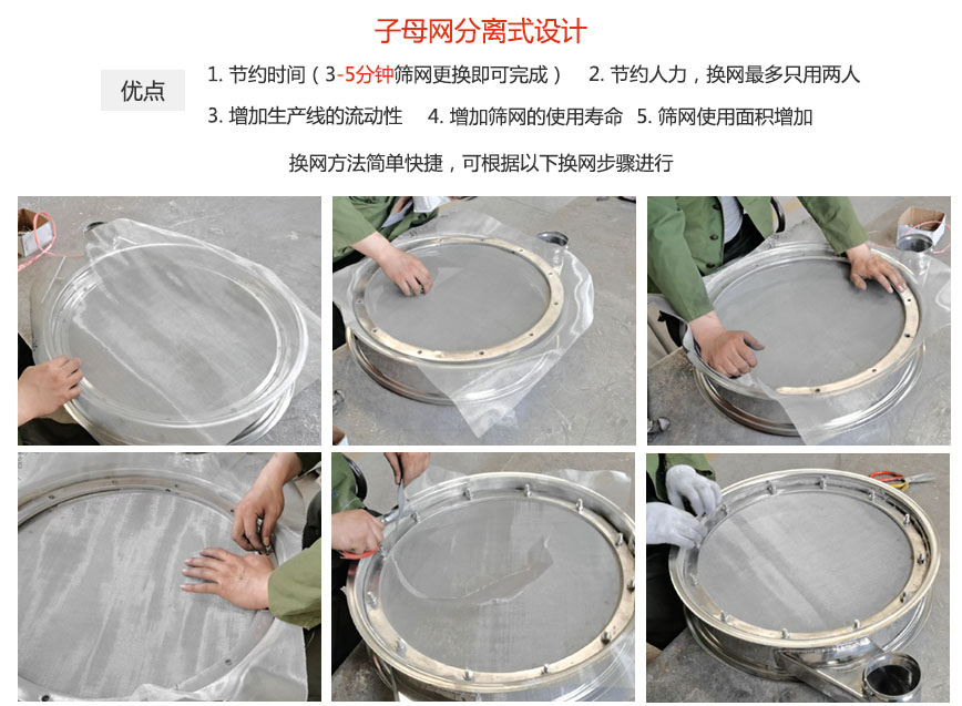 大漢振動(dòng)機(jī)械換網(wǎng)優(yōu)勢(shì)：1，節(jié)省時(shí)間（3-5分鐘篩網(wǎng)更換即可完成）2，節(jié)省人力，換網(wǎng)只有兩人。3.增加生產(chǎn)線的流暢性。4.增加篩網(wǎng)壽命，彈跳球不直接撞擊子網(wǎng)。5.篩網(wǎng)使用面積增加。