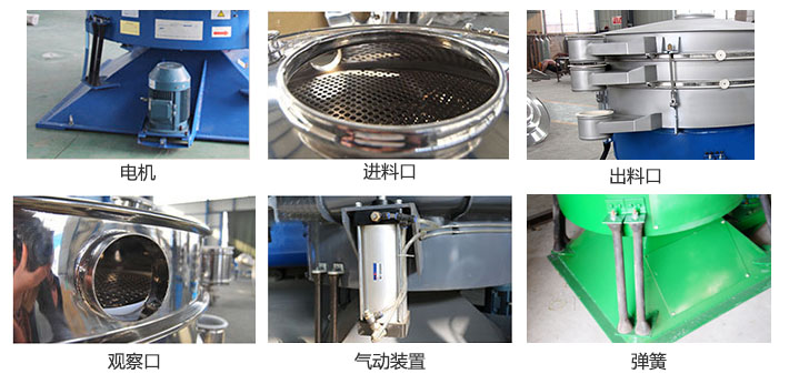 搖擺篩分機(jī)由進(jìn)料口，出料口，觀察口，電機(jī)，彈簧，氣動(dòng)裝置等部件組成