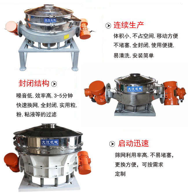 直徑1000mm直排篩特點：連續(xù)生產：體積小，不占空間，移動方便，不堵塞，全封閉，使用便捷，易清洗，安裝簡單。封閉結構：噪音低，效率高，3-5分鐘，快速換網(wǎng)，全封閉，實用粒，粉粘液等的過濾。啟動迅速：篩網(wǎng)利用率高，不易堵塞，更換方便，可按需求定制。