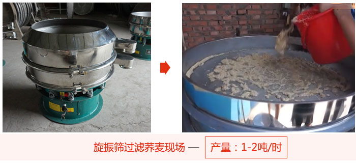 旋振篩過濾蕎麥現(xiàn)場(chǎng)，產(chǎn)量可達(dá)2噸每小時(shí)。