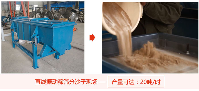 直線振動(dòng)篩篩分沙子現(xiàn)場(chǎng)展示，產(chǎn)量高達(dá)20噸每小時(shí)。