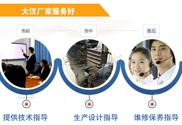 大漢廠家服務流程：售前-售中-售后：提供技術指導，生產設計指導，維修保養(yǎng)指導。