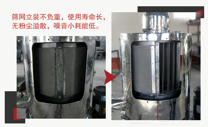 氣流篩采用立式篩網(wǎng)，不受物料的沖擊力的影響，篩網(wǎng)使用壽命長