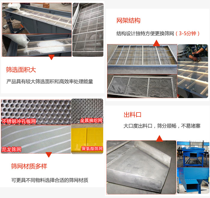 多層直線振動篩篩選面積大，網(wǎng)架結構方便篩網(wǎng)更換，篩網(wǎng)可選：不銹鋼沖孔板，金屬編織，尼龍篩網(wǎng)，聚氨酯篩網(wǎng)等。