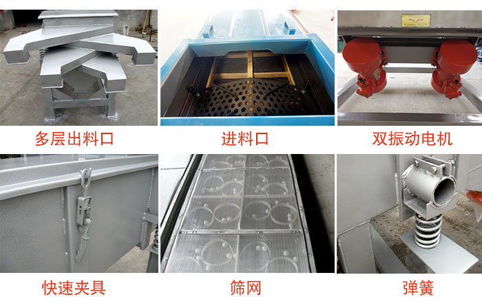 多層直線振動篩出料口，篩網(wǎng)，彈簧，快速夾具，振動電機等