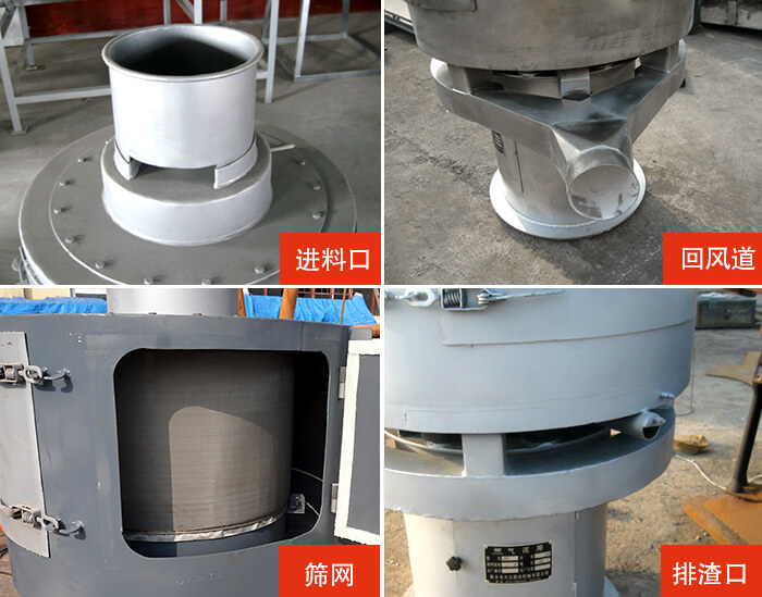氣流篩分機進料口，回風道，篩網(wǎng)，排渣口。