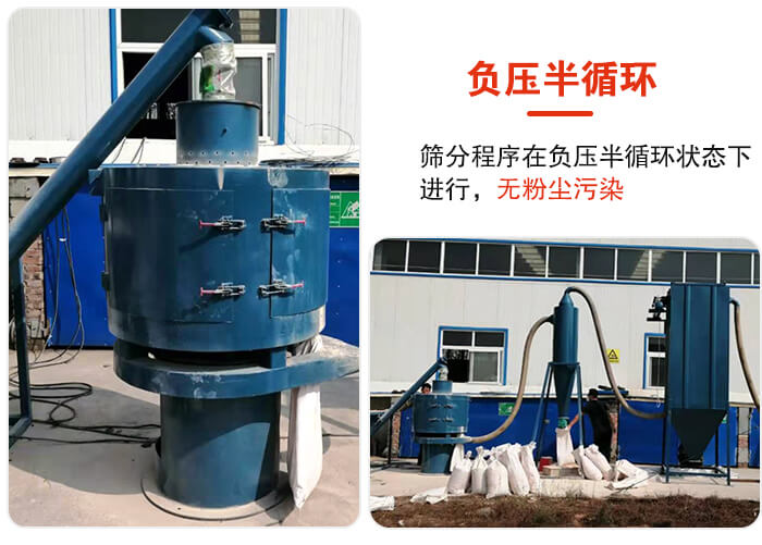 氣流篩負壓半循環(huán)，篩分程序在負壓版循環(huán)狀態(tài)下進行，無粉塵污染。