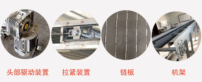 鏈板輸送機(jī)結(jié)構(gòu)：頭部驅(qū)動(dòng)裝置，拉緊裝置，鏈板，機(jī)架等圖片展示