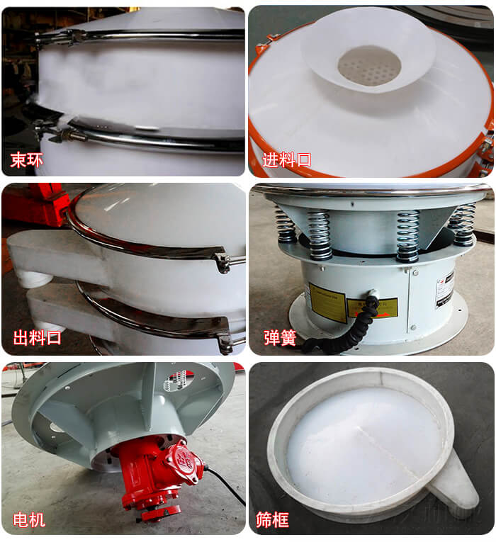 塑料防腐蝕振動(dòng)篩細(xì)節(jié):進(jìn)料口，框體，網(wǎng)架底框，出料口等。