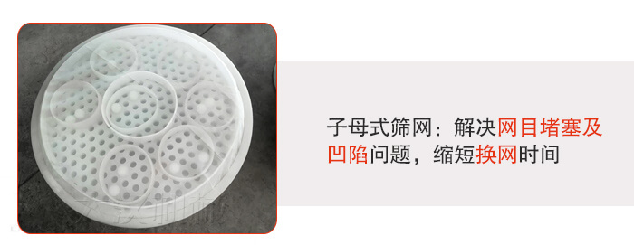 塑料防腐蝕振動(dòng)篩采用子母扣式網(wǎng)架可安裝彈跳球進(jìn)行清網(wǎng)，解決篩網(wǎng)堵塞問(wèn)題。