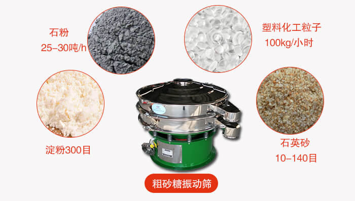 　粗砂糖振動(dòng)篩更多適用范圍:食品行業(yè)，化工行業(yè)，制藥行業(yè)，行業(yè)，冶金行業(yè)等。